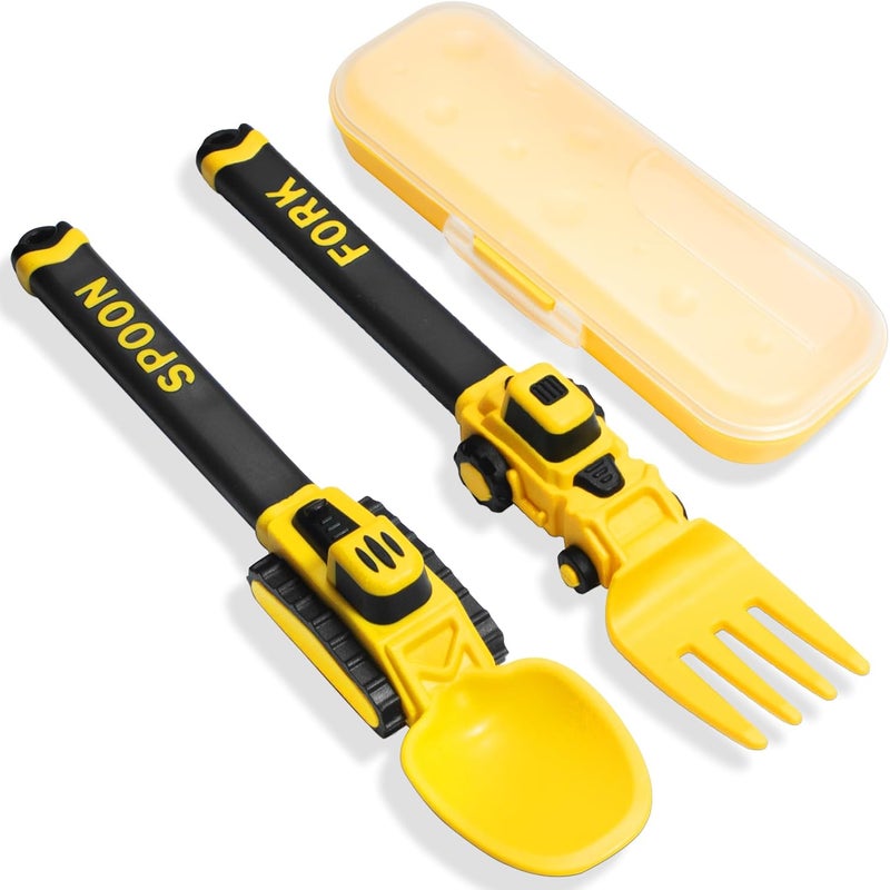 Deinyi Construction Toddler Utensils - Reusable Plastic Toddler Fork and Spoon & Storage Case - Suitable for Kids Utensils - Christmas Gifts and Birthday Gifts for 1 2 3 4 5 6 7 year old, Yellow - Image 1